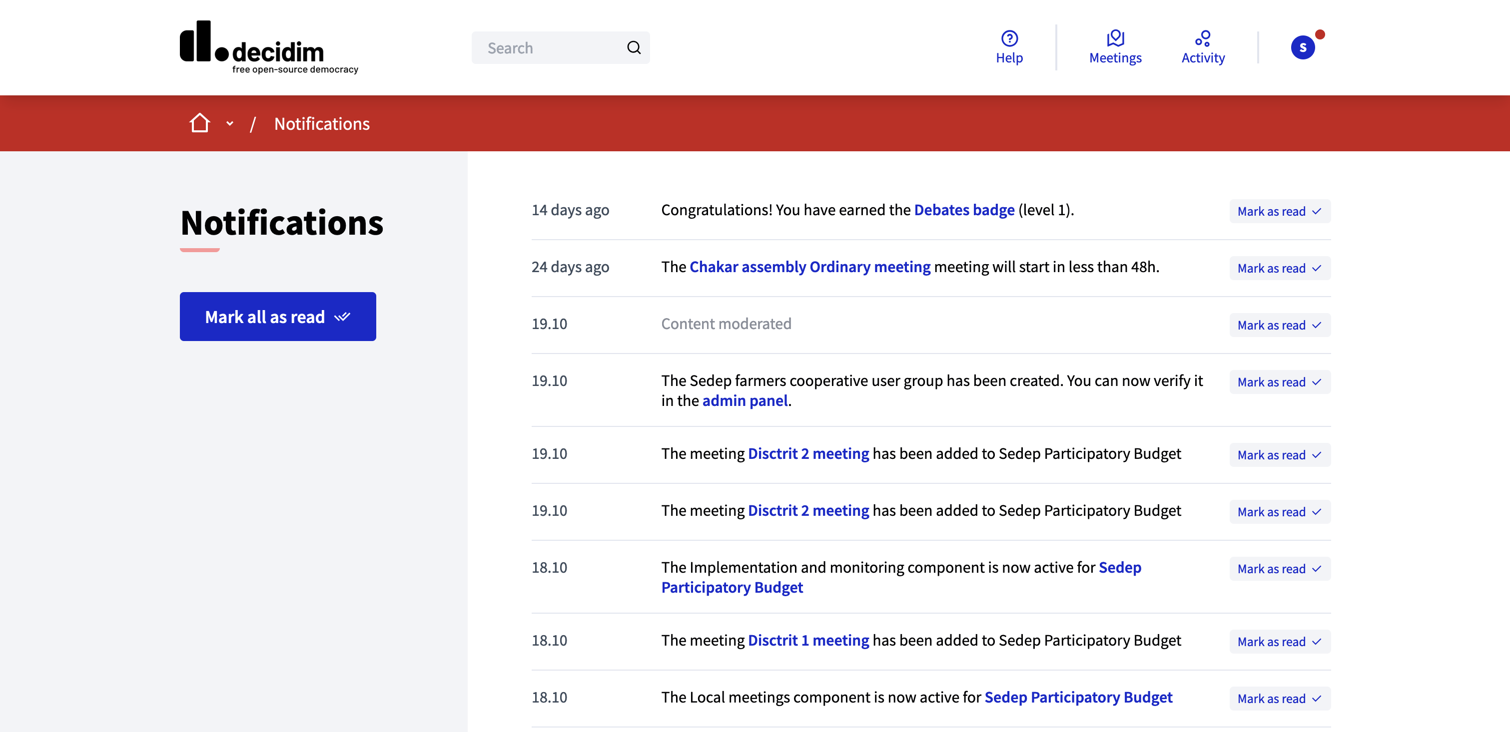 Beispiel der Benachrichtigungsseite wenn Benachrichtigungen vorhanden sind