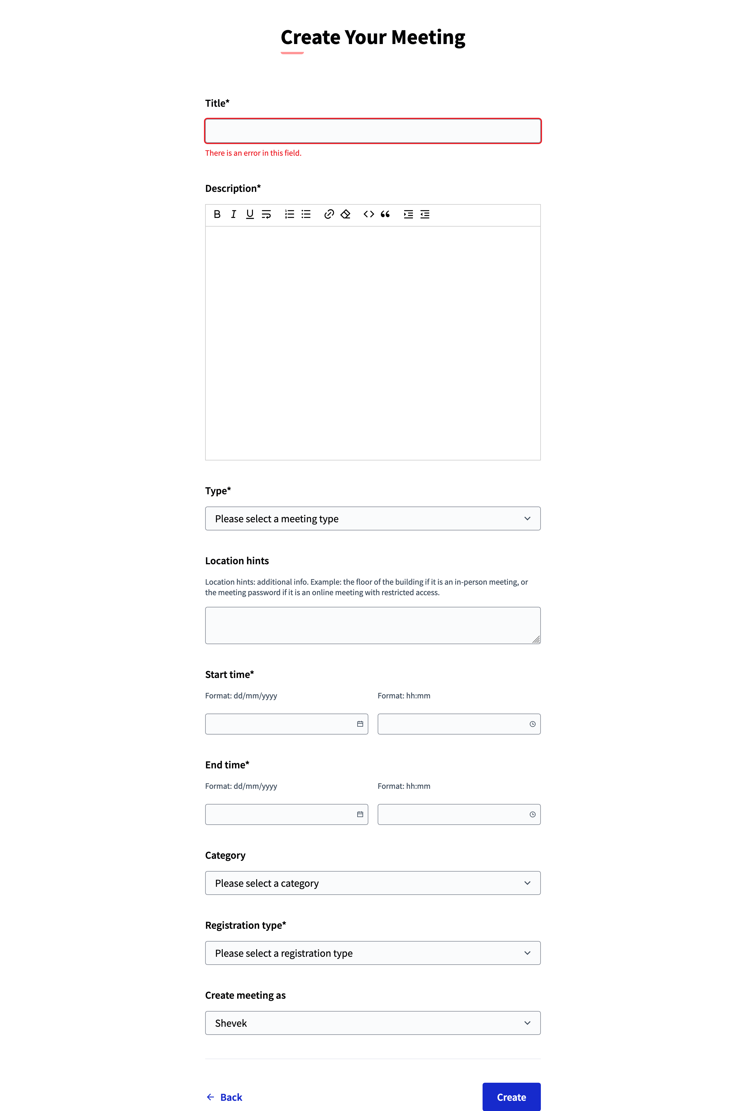 Create a new meeting form (frontend)