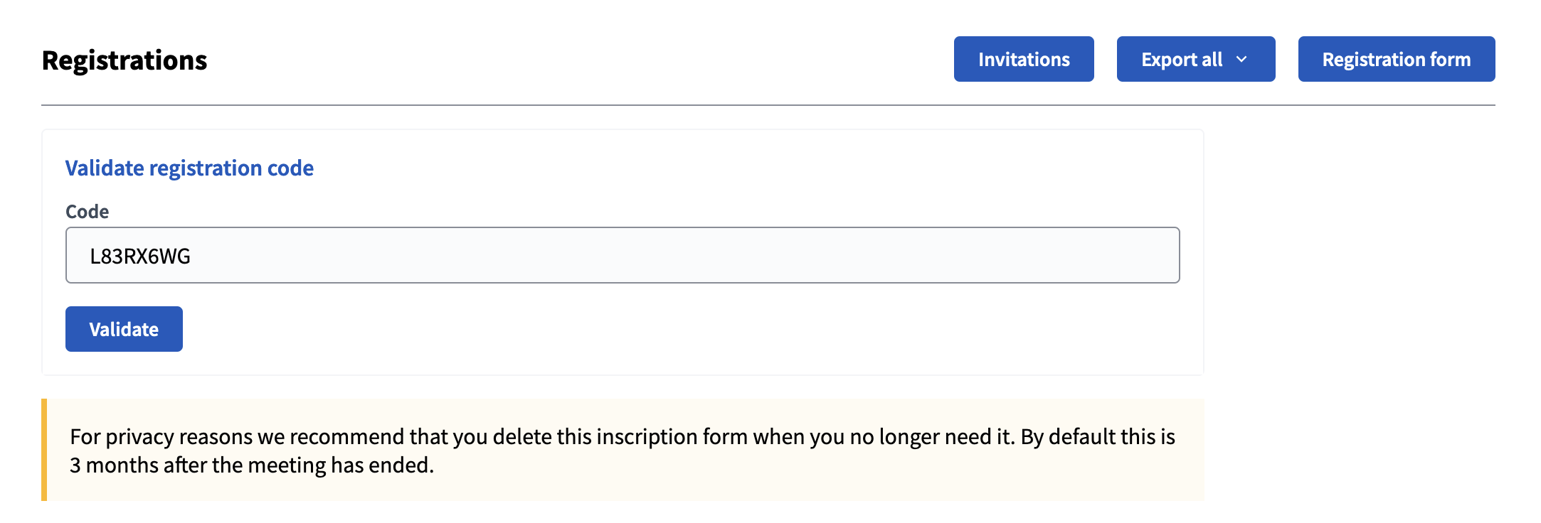 Formulario de código de registro en una reunión