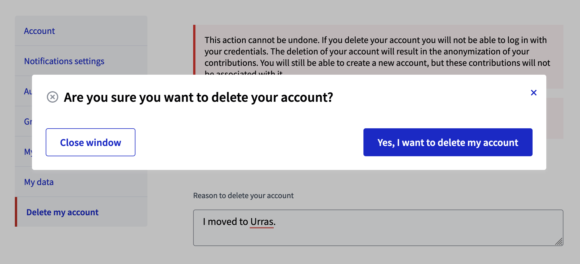 Confirmer la suppression du compte