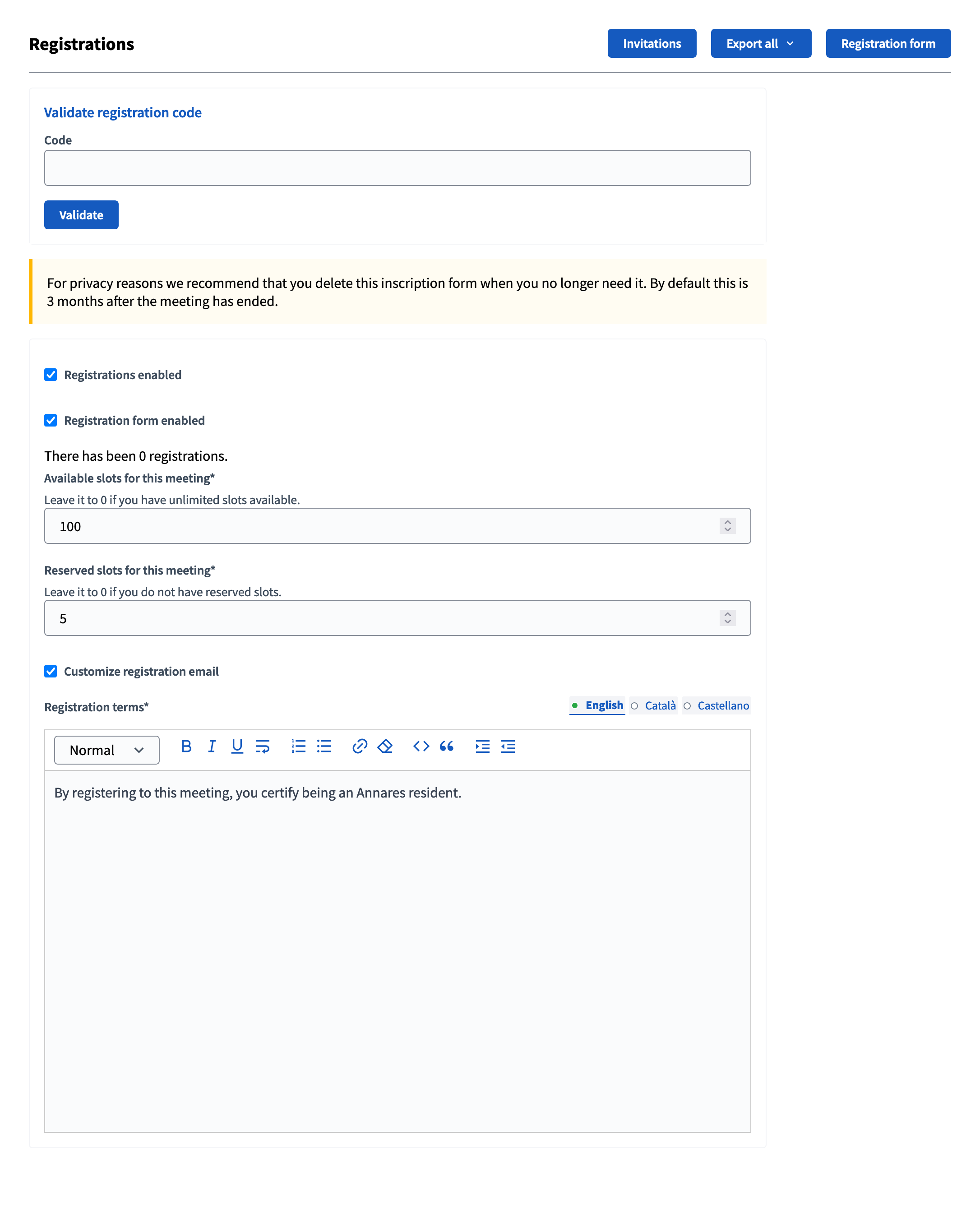 Configurações de registros em uma reunião